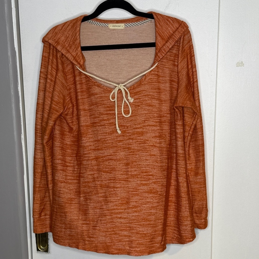Crescent Women's Orange burnout, hoodie, Knit Blouse tie front, Punkin, SZ XL